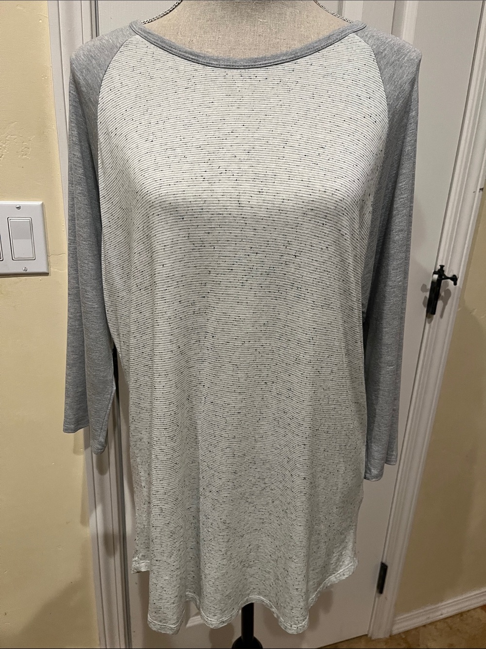 LuLaRoe Heathered Light Gray and White Raglan Top